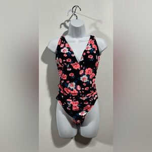 Cupshe Black and Pink Floral One Piece Swimsuit Size Large New With Tags